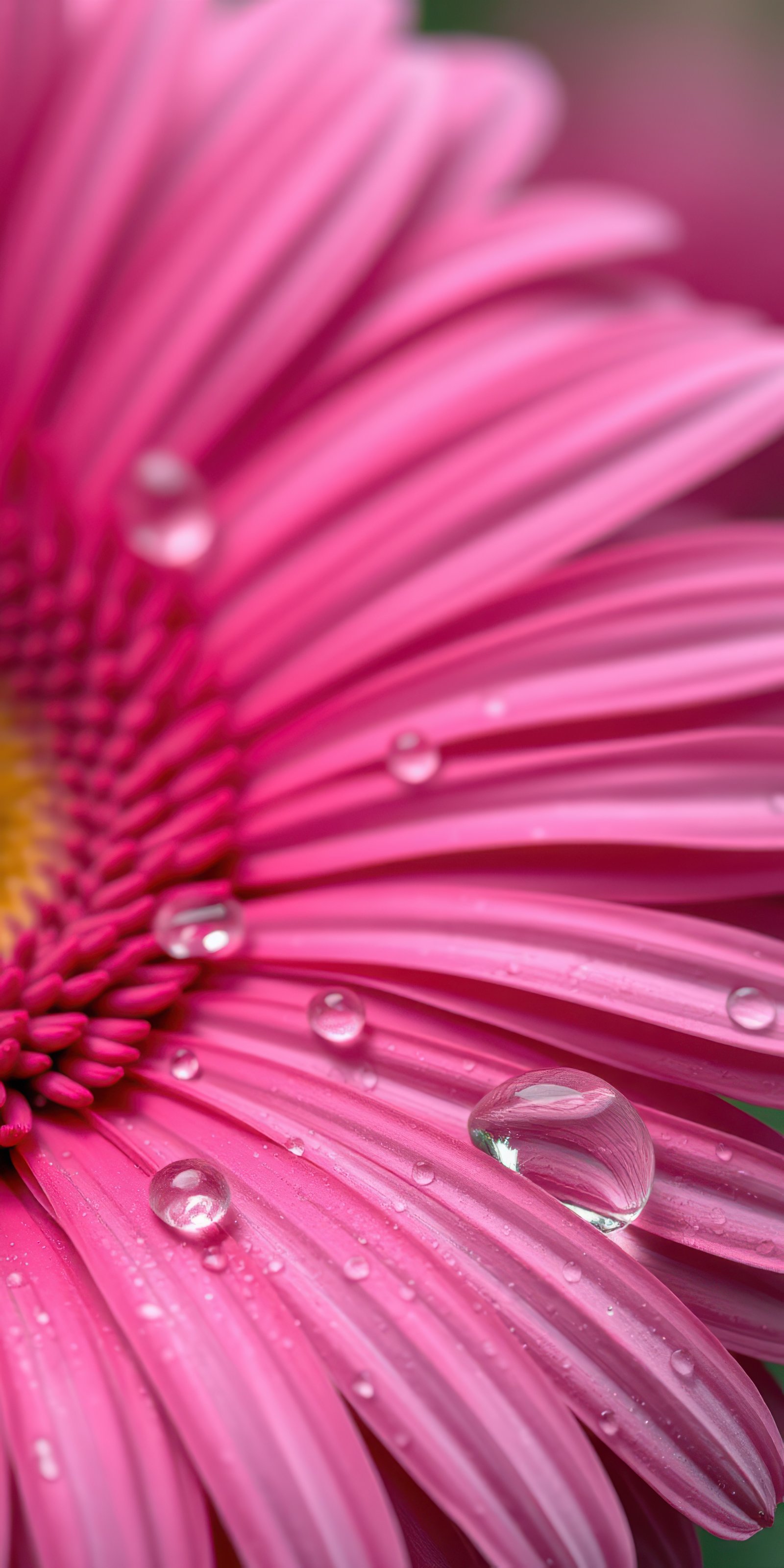 Close-up view of a vibrant pink flower with water droplets capturing morning light in a natural setting